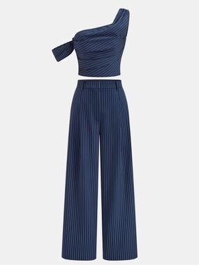 Commense Navy Pinstripe One-Shoulder Crop Top & Wide-Leg Pants Set